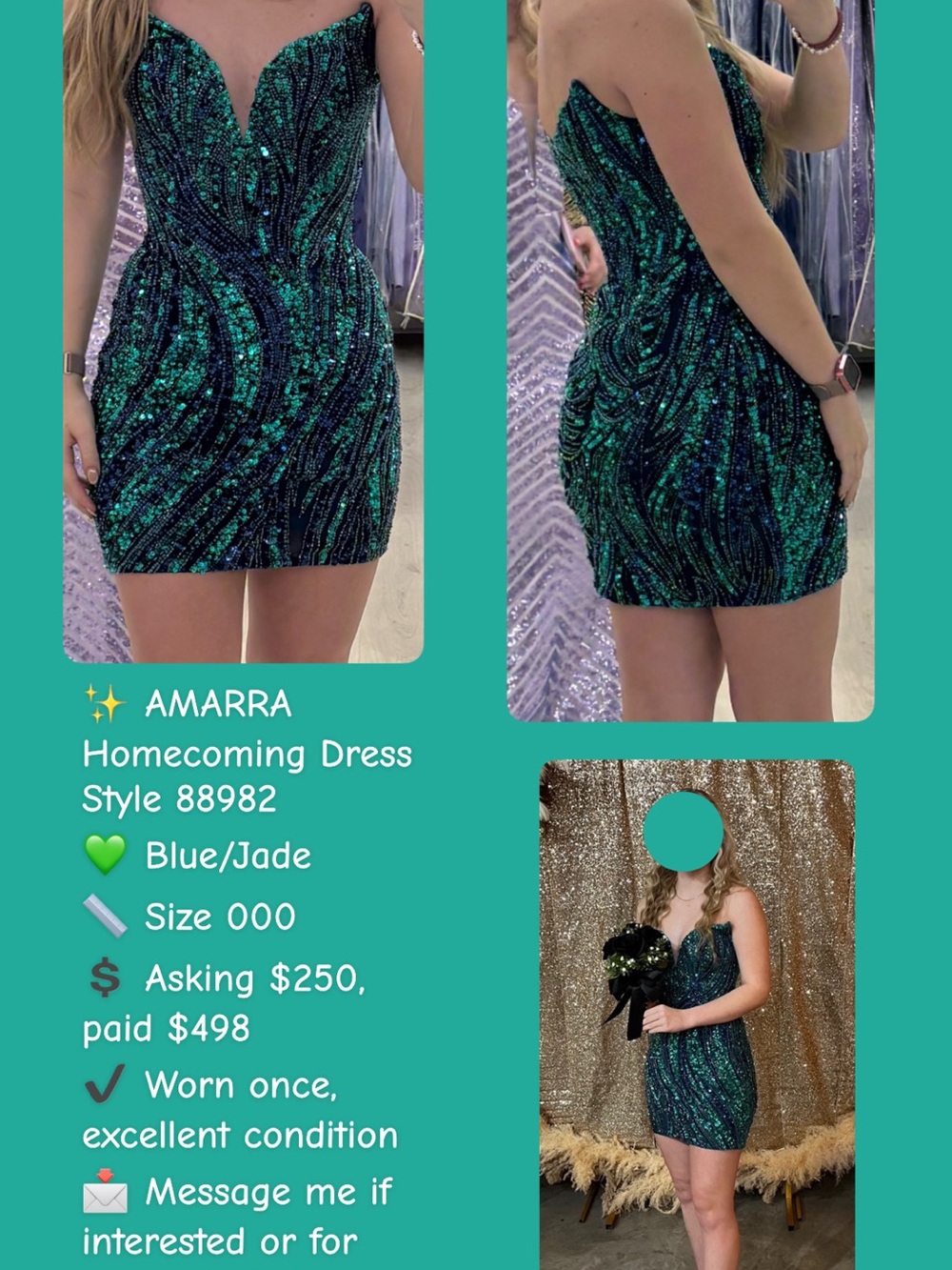 Amarra Blue/Jade Sequin Strapless Mini Hoco Dress